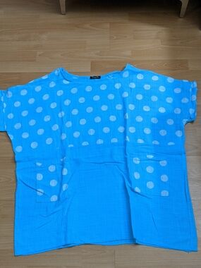Blue Polka Dot 100% Linen Italy Made Women's Top
